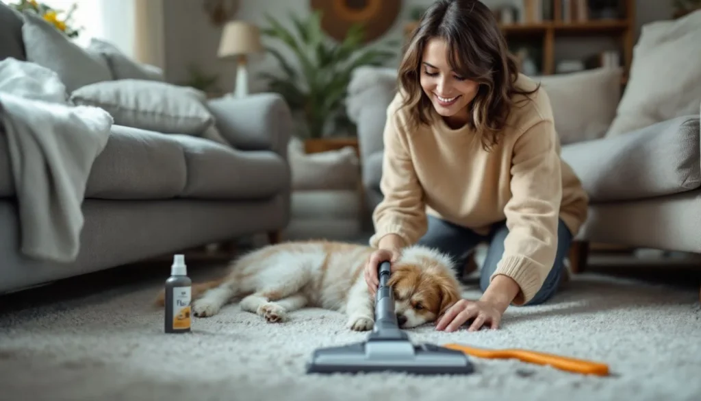 A woman is vacuuming the living room carpet for flea control for house.