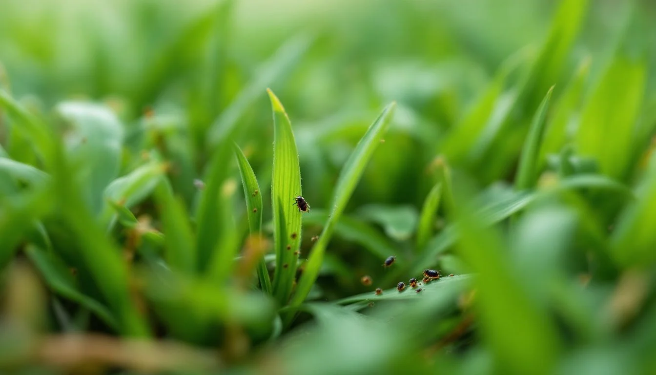flea control for yard: Close-up of flea feces scattered among green grass in backyard.