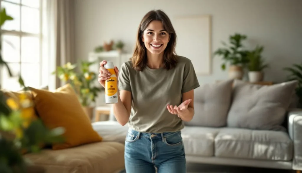 A woman applies Sundew Household Flea Control Spray to a flea-infested carpet.