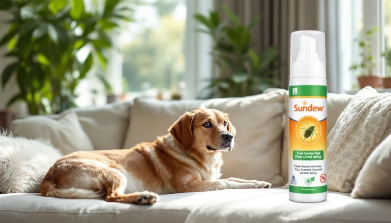 A household flea control cozy living room with a dog and a plant.