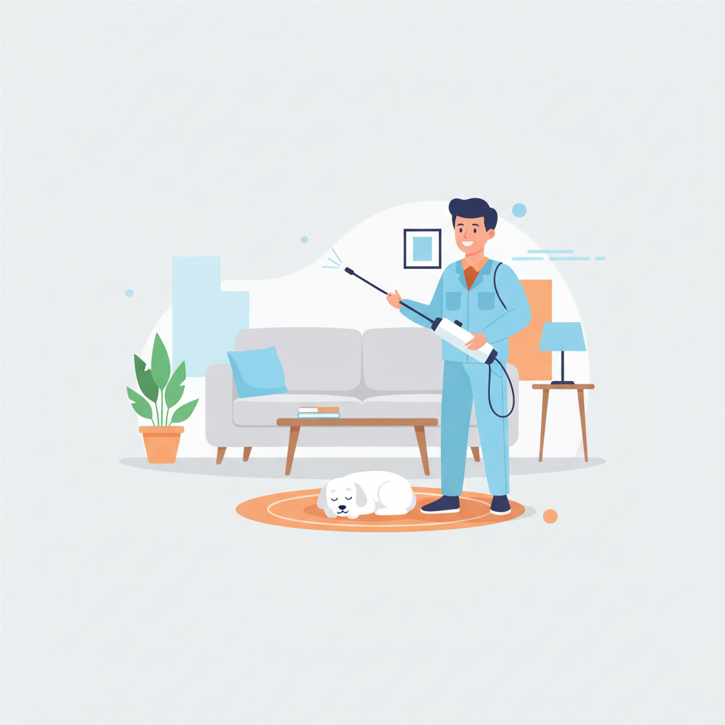 Pest control technician treating a Melbourne living room for fleas