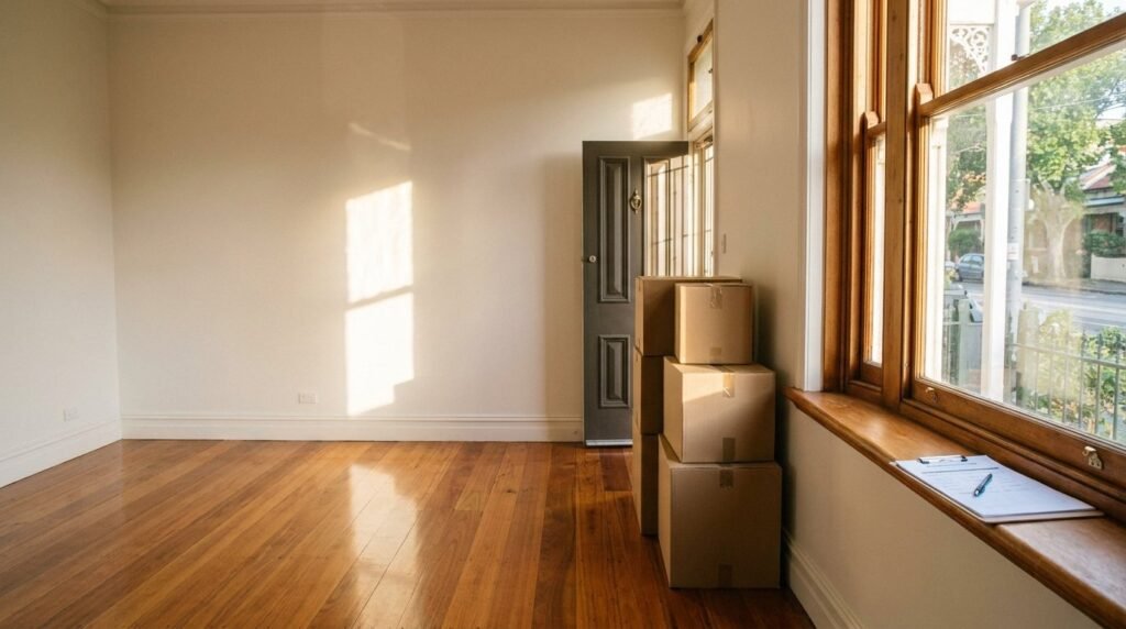 Bond clean checklist for Melbourne rentals: empty living room ready for end of lease inspection