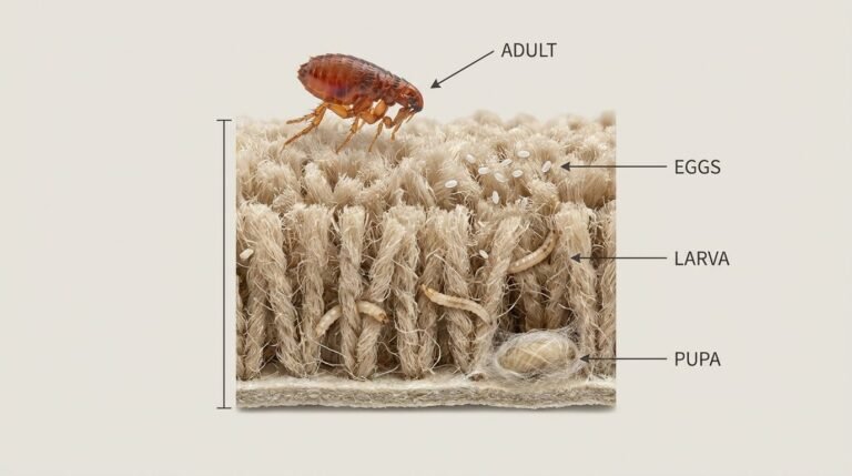 Carpet flea control: cross-section of carpet pile showing flea egg, larva, pupa, and adult stages