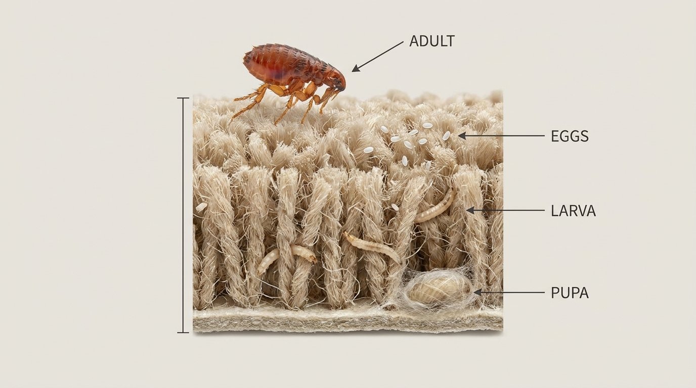 Carpet flea control: cross-section of carpet pile showing flea egg, larva, pupa, and adult stages
