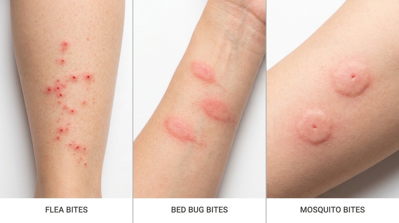 Flea bites compared to bed bug bites and mosquito bites on skin: identification guide