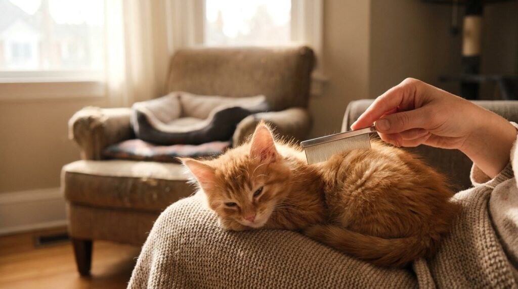 Flea treatment for kittens: ginger kitten gently combed with a fine-tooth flea comb
