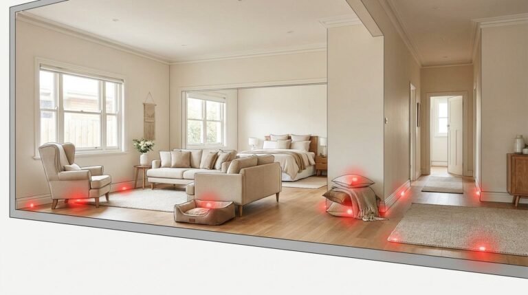 Fleas in your Melbourne home: cutaway showing common harbourage zones in carpets, soft furnishings, and skirting boards