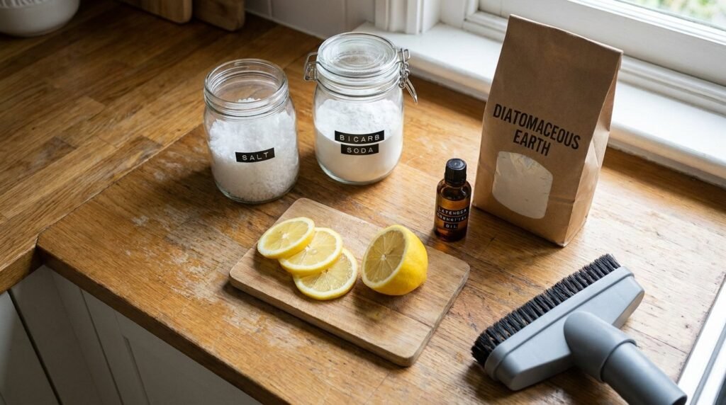 Natural flea remedy ingredients on a kitchen benchtop: salt, bicarb, lemon, essential oil, and diatomaceous earth