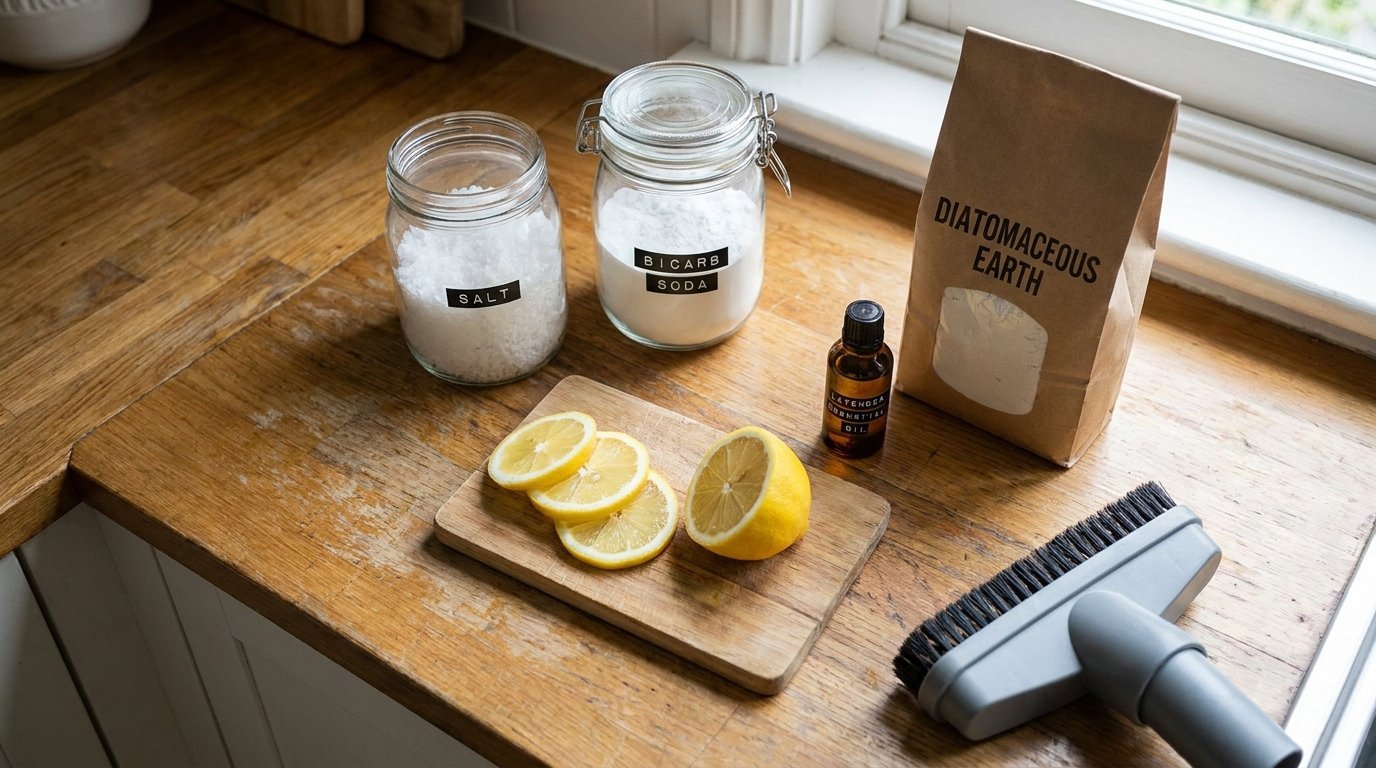 Natural flea remedy ingredients on a kitchen benchtop: salt, bicarb, lemon, essential oil, and diatomaceous earth