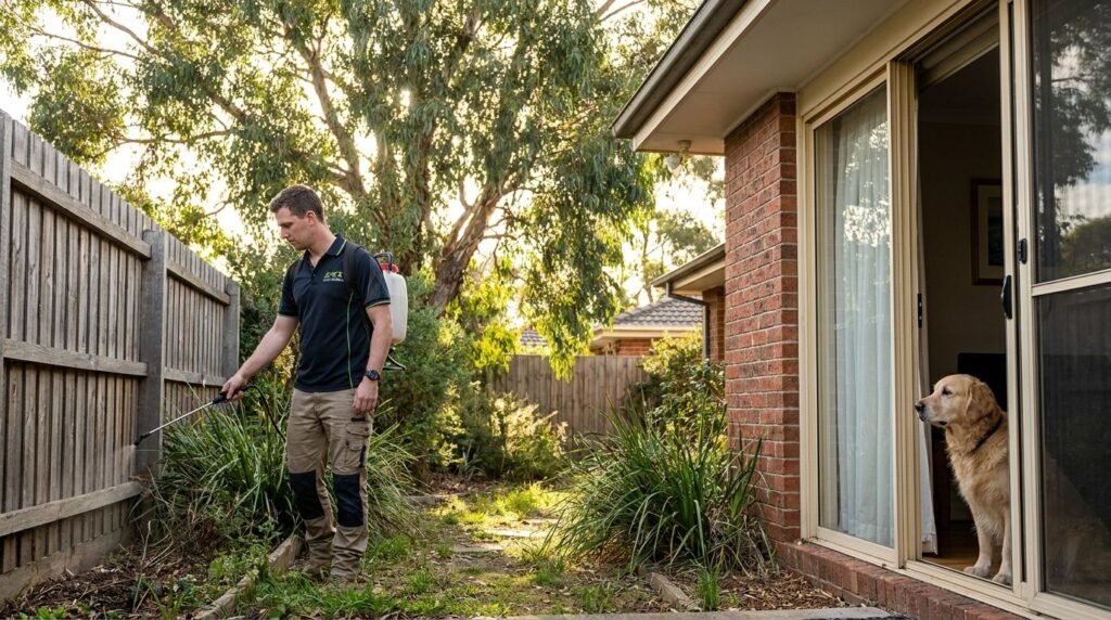 Outdoor flea control technician spraying a shaded fence line in a Melbourne backyard