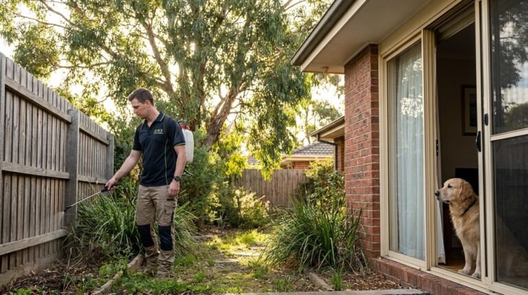 Outdoor flea control technician spraying a shaded fence line in a Melbourne backyard