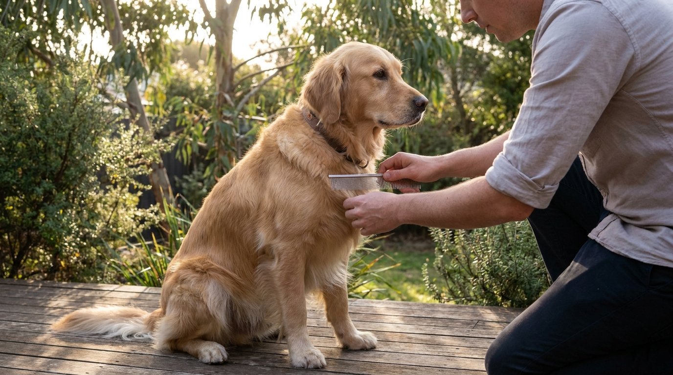 Tick and flea control: checking a golden retriever with a fine-tooth comb in a Melbourne backyard