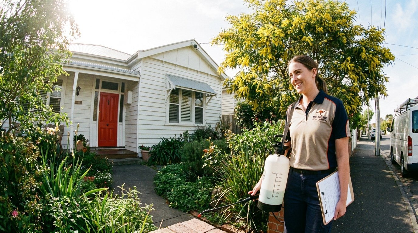 Professional flea treatment technician arriving at a Melbourne home with sprayer and clipboard