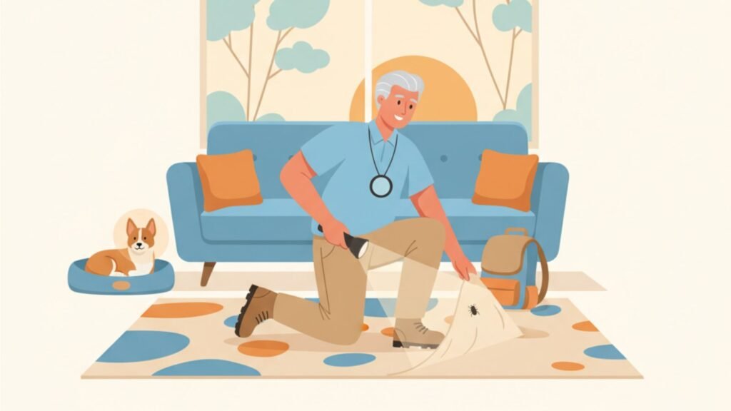 Flea control technician inspecting a Melbourne carpet for fleas