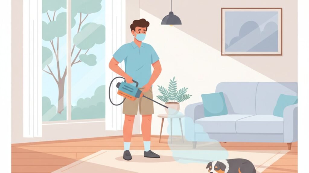 Technician spraying a Melbourne living room carpet for fleas