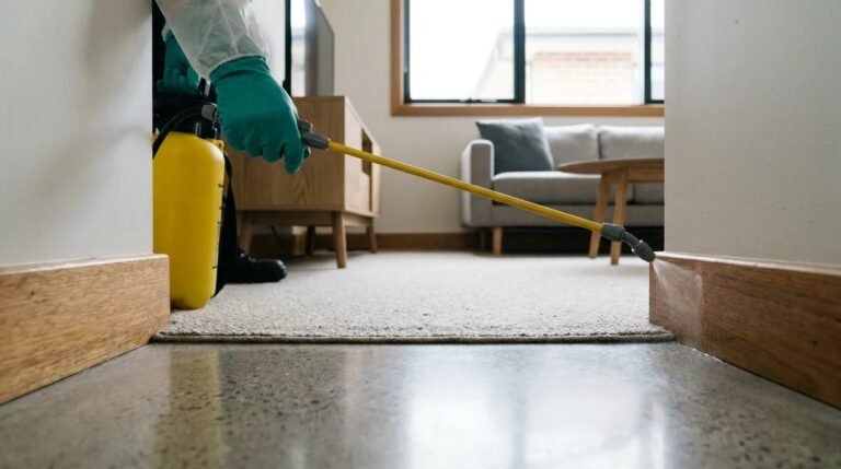 Professional flea exterminator treating carpet with insect growth regulator