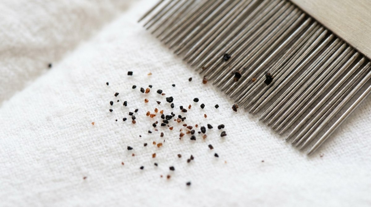 Flea dirt on pet bedding showing signs of an active flea infestation