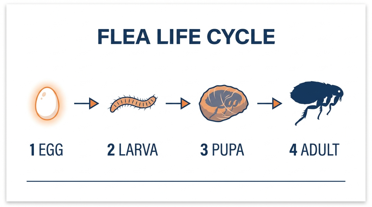 Flea life cycle showing egg larva pupa and adult stages