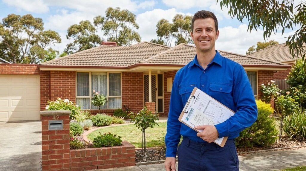 Pest control technician in Melbourne holding bond-compliant flea treatment receipt