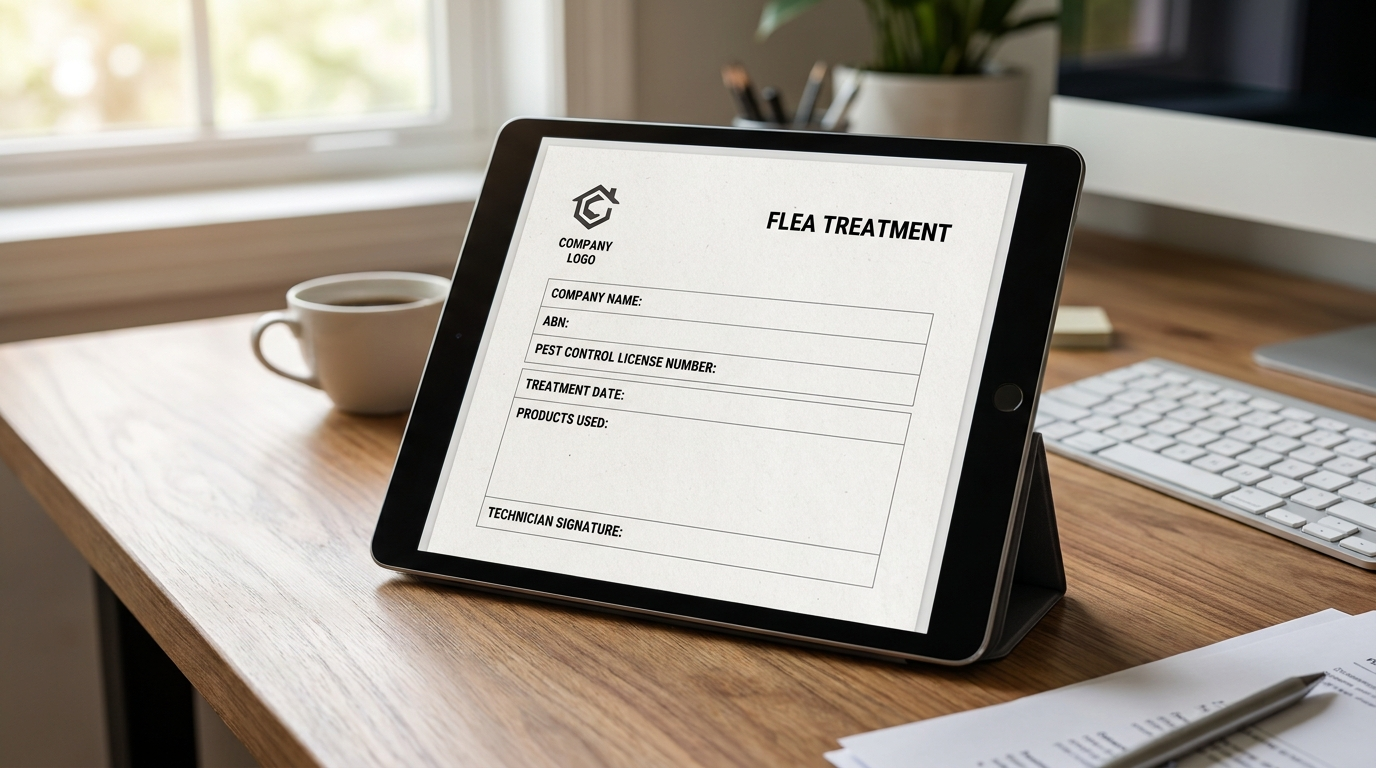 Sample end-of-lease flea treatment receipt with licence number and date for Melbourne real estate agent
