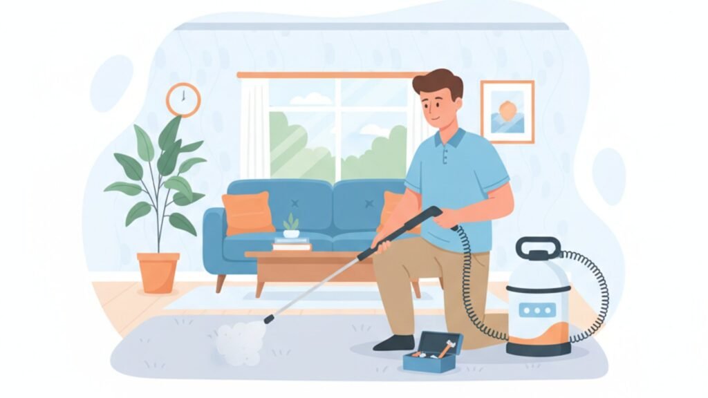 Technician applying professional flea treatment to a Melbourne carpet